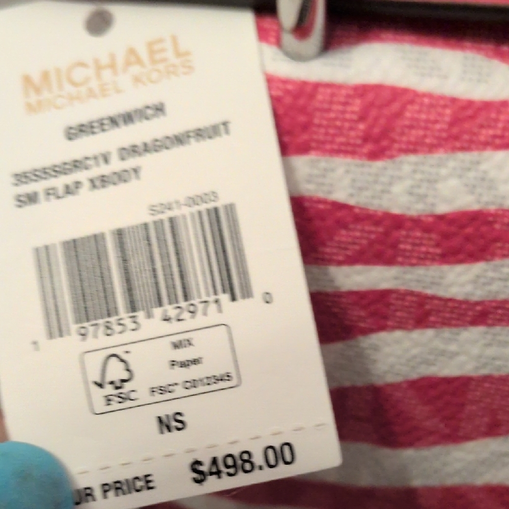 Michael Kors Dragonfruit and White Striped Handbag NWT